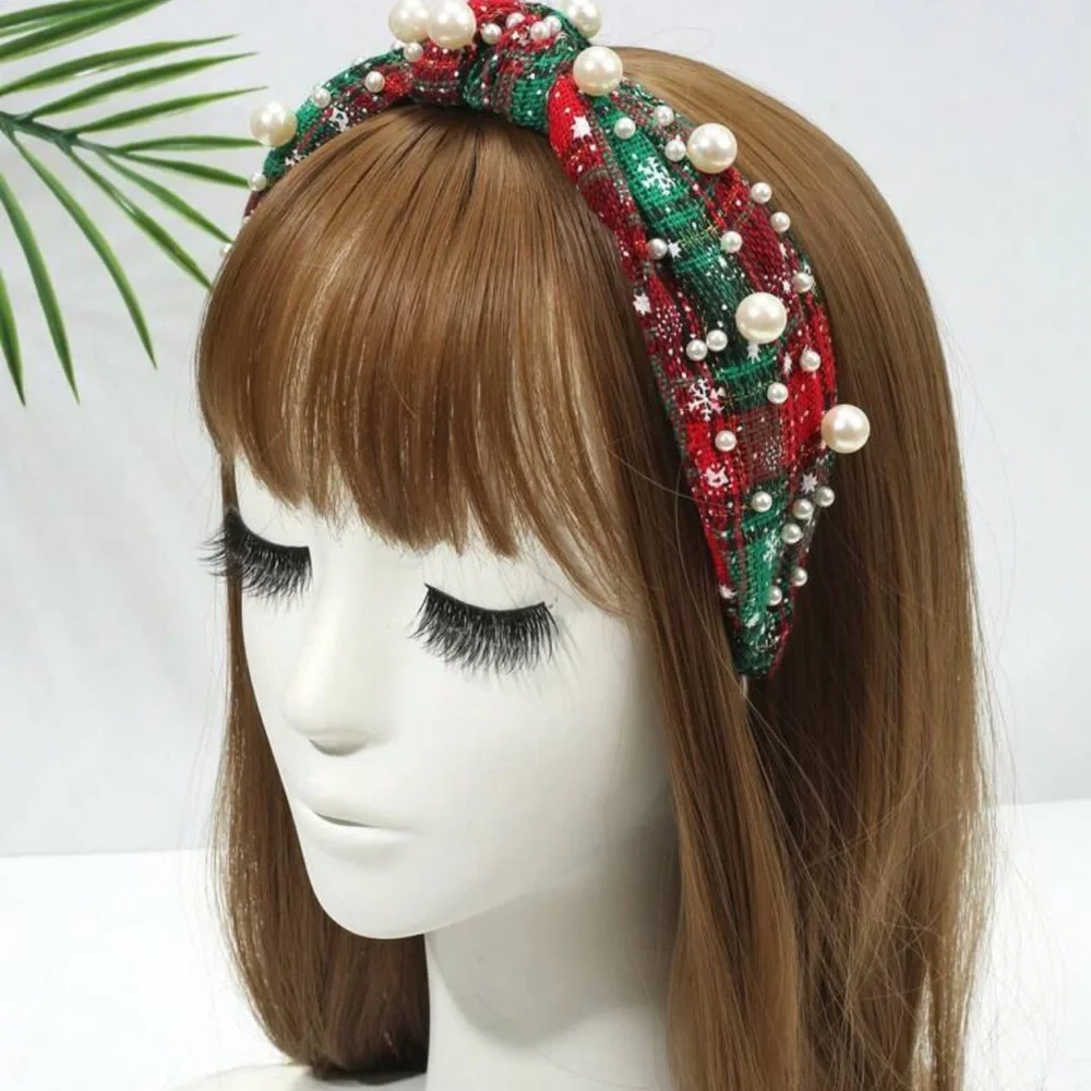 Green Red Pearl Plaid Knot Headband Christmas Holidays - Picture 4 of 4